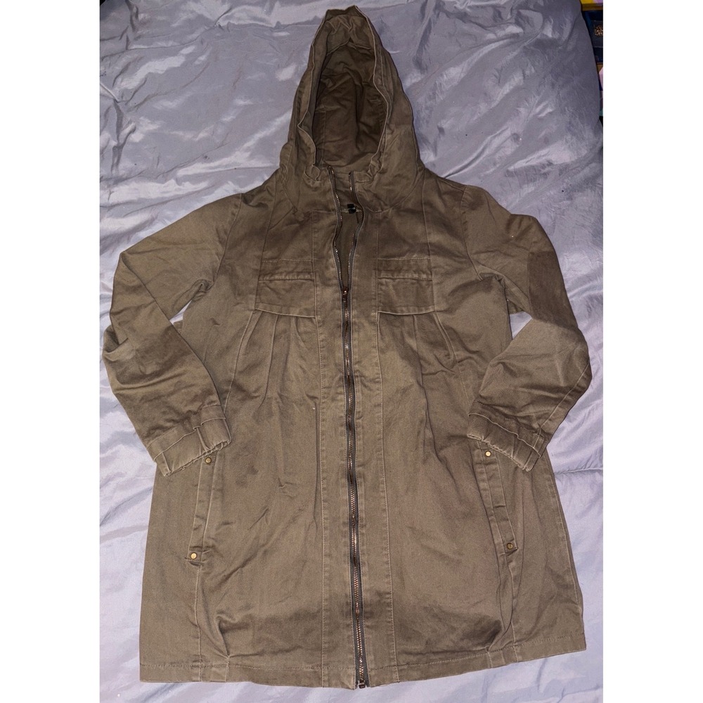 Women Olive Green Hooded Utility Jacket Medium M Zip Up Anorak Coat
